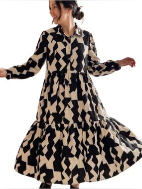 Abstract Geometric Tiered Midi Shirt Dress in Cream and Brown - Size M